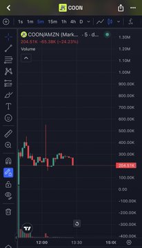 A mobile trading chart displays $COON's price action on a 1-minute timeframe, showing the token at $204.516 with a 46.38K volume and a -24.23% change, highlighting the volatility referenced in the post about the recent pump and dip.