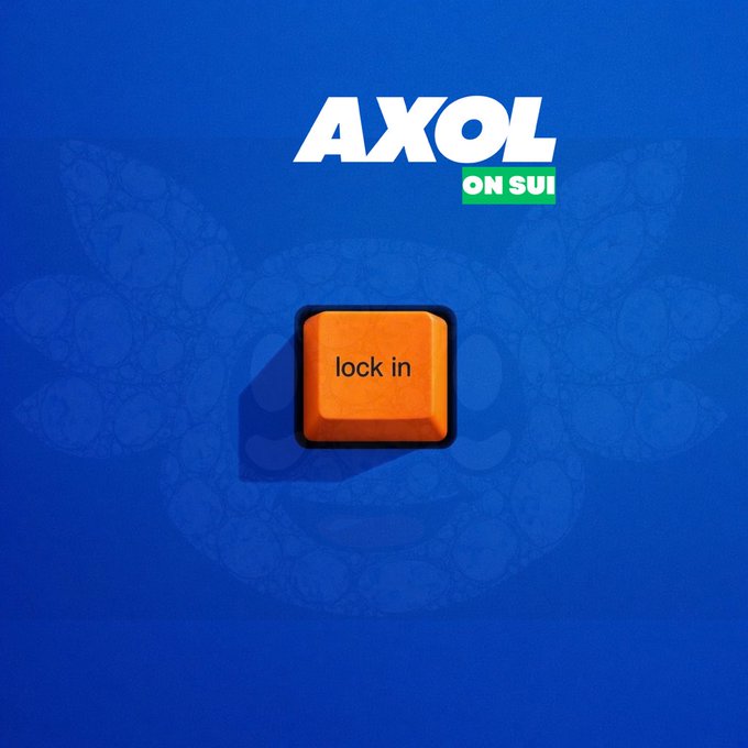 A promotional graphic for 'AXOL ON SUI' on a blue patterned background featuring an orange button that reads 'lock in'.