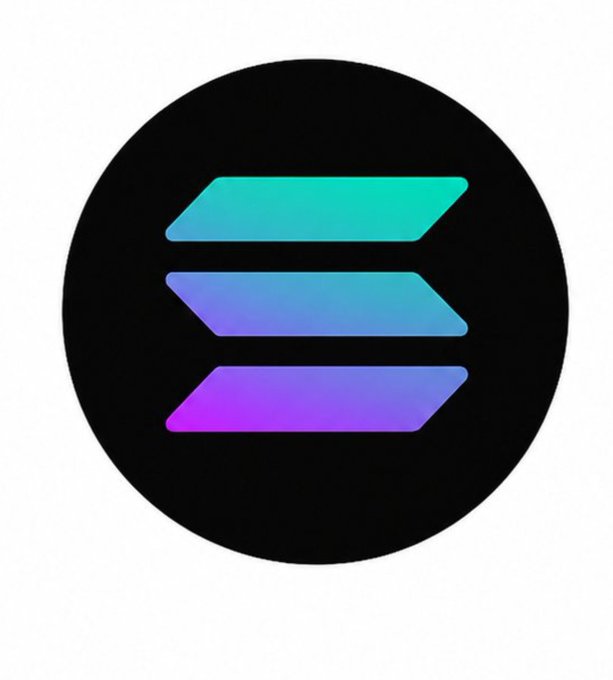 A black circular logo containing three stacked horizontal parallelograms with a gradient transitioning from teal/green at the top to blue and purple/magenta at the bottom, recognizable as the Solana cryptocurrency logo.