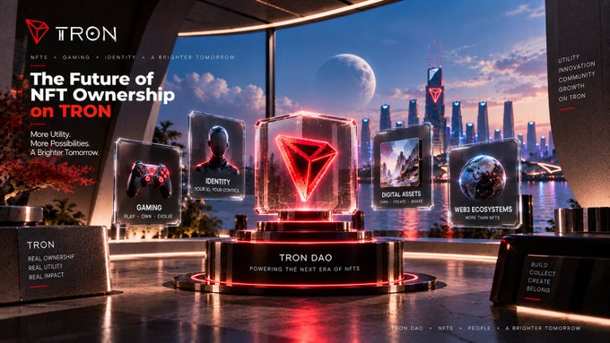 A promotional banner for TRON DAO displays the text 'The Future of NFT Ownership on TRON' alongside categories like Gaming, Identity, Digital Assets, and Web3 Ecosystems.