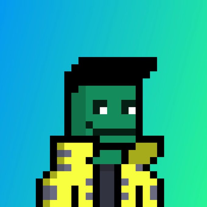 A pixel art portrait of a character with green skin, dark hair, and a yellow jacket against a blue-to-green gradient background.