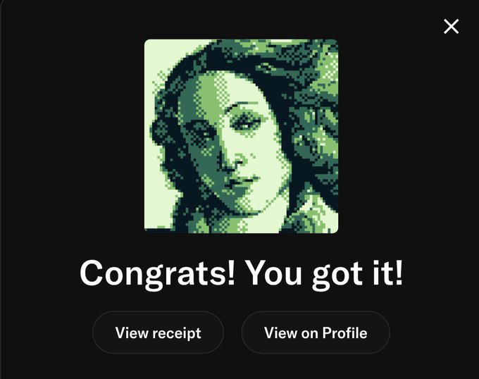 A pop-up window celebrating a successful mint displays a pixelated green-toned portrait above the message "Congrats! You got it!", with options to "View receipt" or "View on Profile." This confirms the successful acquisition of the minted digital collectible referenced in the post.