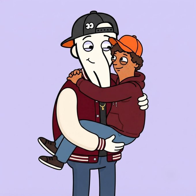 A cartoon illustration of a person with a long beak-like face wearing a black cap and maroon varsity jacket hugging and lifting up a smiling boy in an orange cap and red hoodie against a light purple background.