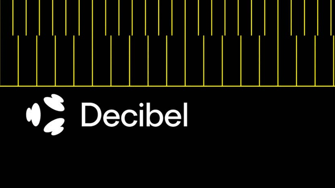 The image displays the Decibel logo (a white sound wave icon) alongside the text "Decibel" on a black background with yellow vertical lines at the top resembling an audio waveform or bar chart. This visual branding aligns with the post about Decibel Trade, emphasizing its identity as an onchain trading platform on Aptos that processes over $7.6B in total volume through a shared orderbook integrated with various wallets and interfaces.