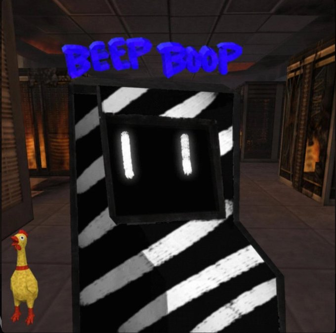 A retro video game-style image showing a black and white striped character with glowing eyes in a dimly lit corridor, with purple text 'BEEP BOOP' above and a cartoon chicken in the corner.