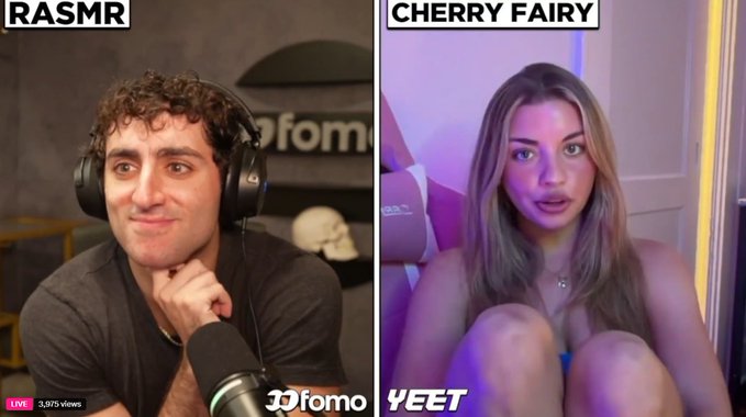 Split-screen livestream screenshot featuring two streamers: 'RASMR' on the left (a young man with headphones at a Fomo-branded podcast setup) and 'CHERRY FAIRY' on the right (a young woman with a YEET logo), showing 3,975 live viewers.