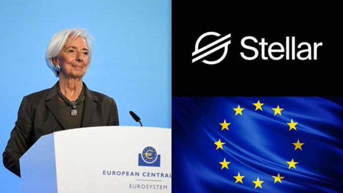A split image shows Christine Lagarde, President of the European Central Bank, speaking at a podium with the ECB Eurosystem logo, alongside the Stellar ($XLM) logo and the European Union flag, visually connecting the EU's monetary leadership with the Stellar blockchain pilot for on-chain enterprise payroll across Europe's €18 trillion economy.