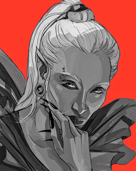 A grayscale digital portrait of a stylized woman with an elegant updo, pointed ear, and contemplative expression rests her chin on her hand against a vibrant red background, complementing the post's promotion of a limited-edition NFT on Manifold that celebrates a "special story of women."