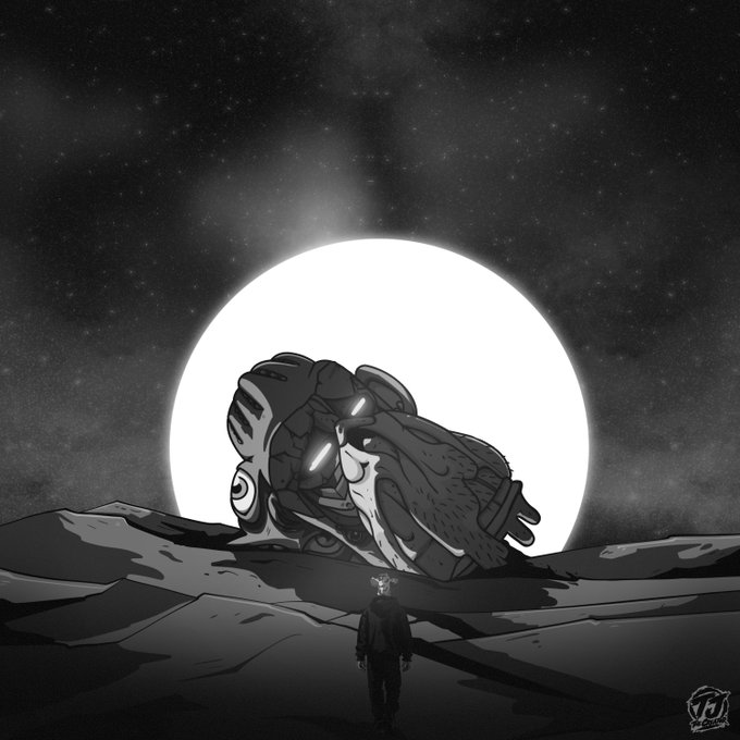 A black and white digital illustration depicting a lone figure standing before a large mechanical object silhouetted against a glowing full moon.