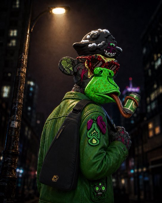 A 3D-rendered character with a green, blob-like head and an exposed mechanical brain walks down a dark city street while drinking from a can.