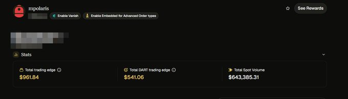A screenshot of a trading stats dashboard for user "mpolaris" showing a total spot volume of $643,385.31, alongside figures of $961.84 in total trading edge and $541.06 in DART trading edge. The stats support the post's claim that BackPack's tokenized U.S. stocks on Solana have driven substantial on-chain trading volume, with the user highlighting their personal $643K contribution.