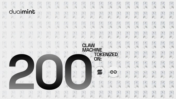 A promotional graphic from dualmint featuring the number '200' and text reading 'CLAW MACHINE TOKENIZED ON' with logos for Aptos and another cryptocurrency, set against a patterned background.