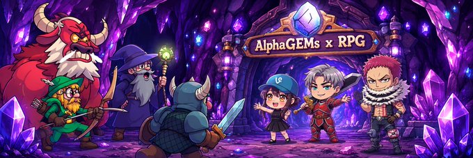 A vibrant banner showing anime-style RPG characters—including a wizard, archer, knight, demon, and warriors—posed in a purple crystal cave around a glowing sign reading "AlphaGEMS x RPG," promoting the first $RPG token on Robinhood Crypto with a free 355-supply mint in collaboration with @0xAlphaGEMS.