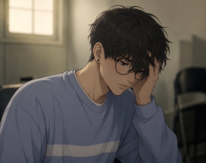 An anime-style illustration of a young man with messy black hair, glasses, and a small ear piercing, wearing a blue sweatshirt and resting his head against his hand with a melancholic expression in a softly lit room.