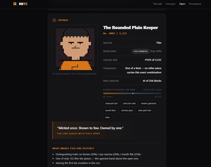 A screenshot from RBTC showing 'The Rounded Plain Keeper', a pixelated NFT artwork with details including 'No. 0005 / 2,222', 'UNCOMMON' rarity band, and rarity rank '#125 of 2,222'.