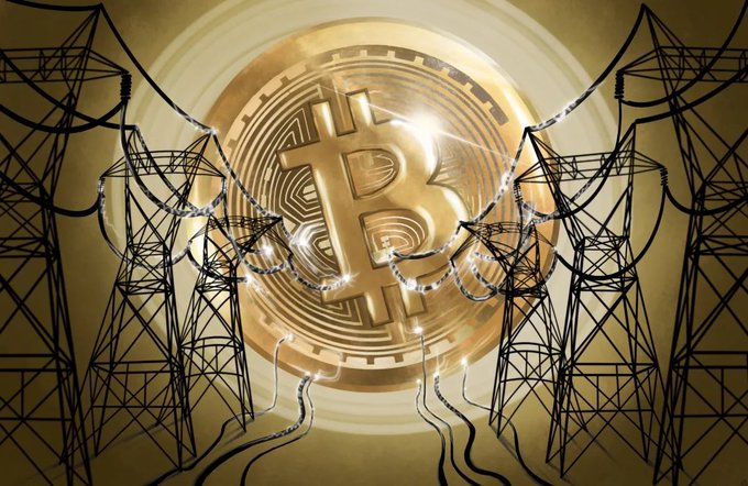 A golden Bitcoin coin radiates light at the center, surrounded by electrical transmission towers with power lines snaking around it, illustrating the immense energy consumption required to mine cryptocurrency. The image visually reinforces the post's claim by depicting Bitcoin itself as the energy-hungry foundation upon which meme coins—an even more wasteful exaggeration—stand.