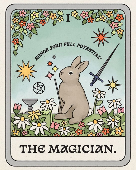 This image is "The Magician" tarot card, depicting a rabbit surrounded by flowers and magical symbols, with the text "HONOR YOUR FULL POTENTIAL!" and "THE MAGICIAN." The post uses this card to represent the potential for wealth and success with the crypto coin @mimcoin, suggesting it has a powerful history and a strong community.