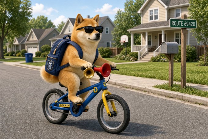 A Shiba Inu wearing sunglasses and a backpack rides a blue bicycle down a suburban street near a mailbox marked "ROUTE 69420," playfully personifying the Dogecoin ($DOGE) mascot heading off to work as suggested by the caption "Off to work. Keep grinding. $DOGE."