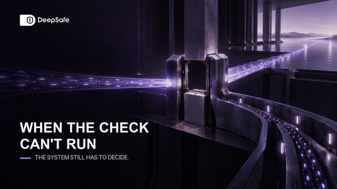A dark, futuristic advertisement for DeepSafe with the text 'WHEN THE CHECK CAN'T RUN' and 'THE SYSTEM STILL HAS TO DECIDE,' depicting a sci-fi highway structure with glowing purple lights.