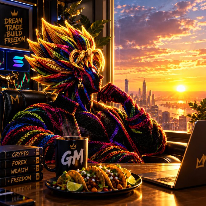 A vibrant digital artwork depicts a colorful, yarn-like character looking out over a city skyline at sunset, sitting at a desk with a 'GM' coffee mug, tacos, and books labeled 'CRYPTO', 'FOREX', and 'WEALTH', while a sign reads 'DREAM TRADE BUILD FREEDOM'.