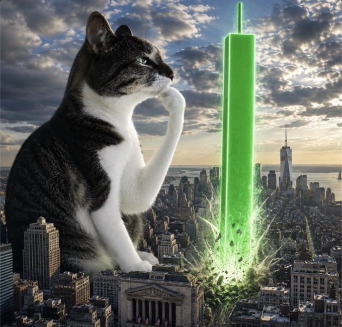 A giant tabby cat sits atop a New York City skyline next to a glowing green monolith, with One World Trade Center visible in the background and rubble exploding at the pillar's base. The image serves as a meme illustrating the post's bullish sentiment that $HMM (a "cat coin") is growing rapidly alongside the Robinhood Chain, with the towering cat and powerful green beam symbolizing the token's rising dominance and massive potential within the ecosystem.