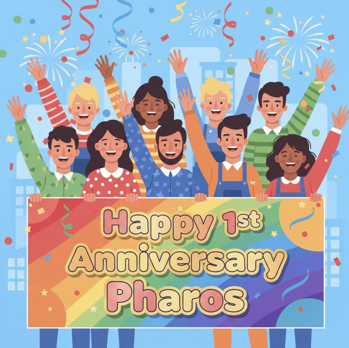 A vibrant illustration of diverse friends celebrating with raised arms, confetti, and fireworks while holding a rainbow banner reading "Happy 1st Anniversary Pharos." The festive image captures the joyful milestone of Pharos' first year, visually echoing the post's celebration of the blockchain's growth from a bold idea into a thriving real-world ecosystem.