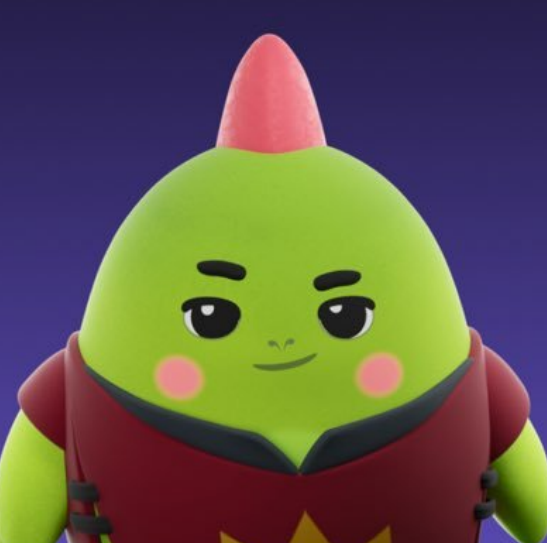 A 3D-rendered cartoon character with a pointed green head, pink cheeks, and a maroon outfit against a dark blue background.