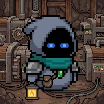Pixel art depicting a robot character with a grey body, teal scarf, and glowing blue eyes in an industrial setting.
