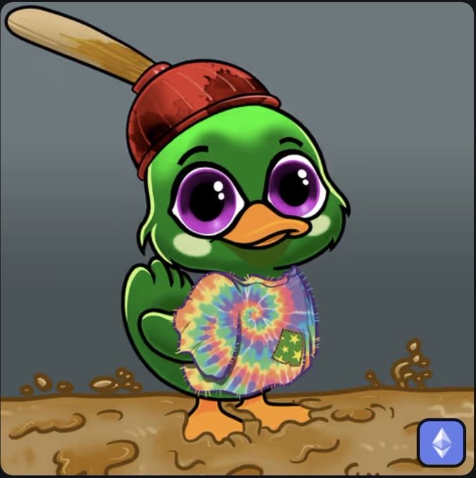 A cartoon green duck character wearing a red plunger hat and tie-dye shirt stands in mud, with an Ethereum logo in the bottom right corner.