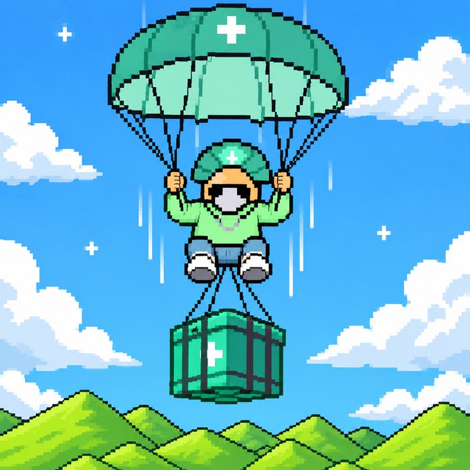 Pixel art depicts a green-clad character descending with a parachute and a supply crate over green mountains and a blue cloudy sky.