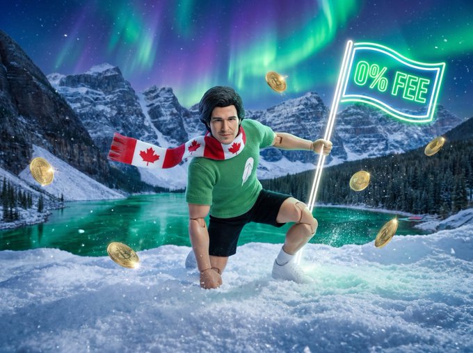 A 3D-rendered character in a green shirt and Canadian flag scarf kneels in the snow holding a glowing '0% FEE' sign, with aurora borealis and a turquoise lake behind him.