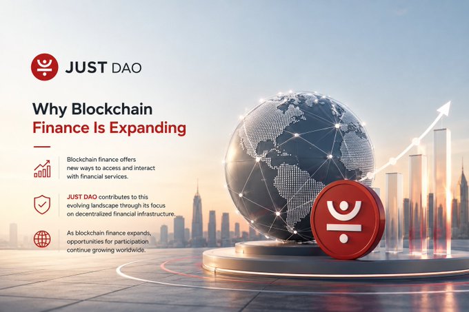 A promotional graphic for JUST DAO features the headline "Why Blockchain Finance Is Expanding," alongside a stylized globe with network nodes and a rising arrow chart, visually representing the growth of decentralized financial services. The accompanying post highlights how blockchain finance offers new ways to access financial services, with JUST DAO contributing through its focus on decentralized financial infrastructure.