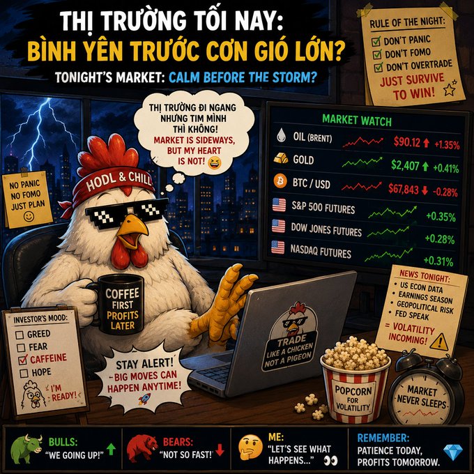 An infographic about tonight's market titled 'THỊ TRƯỜNG TỐI NAY: BÌNH YÊN TRƯỚC CƠN GIÓ LỚN? / TONIGHT'S MARKET: CALM BEFORE THE STORM?' featuring a cartoon chicken, market data including OIL (BRENT) at $90.12, GOLD at $2,407, and BTC/USD at $67,843.