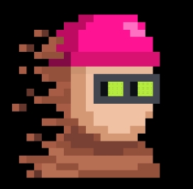Pixel art icon depicting a brown swirling dust cloud or tornado character wearing a pink beanie and futuristic goggles with bright green lenses on a black background.