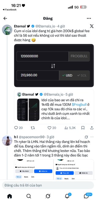 A Facebook post from external accounts discussing a crypto token (FROGBULL) trading at 213,960.00 USD/SOL, with 5.3K likes and comments in Vietnamese.