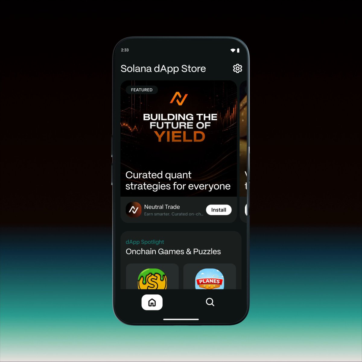 The image shows an iPhone screen displaying the app store page for the Solana dApp Store. The main focus of the image is a carousel featuring various app categories such as games & puzzles, social media, and others. The carousel appears to be regularly updated with new apps being added to it. The post mentions that the app store has launched an app spotlight feature in the Solana dApp Store for users to discover curated apps. This feature allows users to explore different app categories and find interesting applications based on their interests or needs, such as games & puzzles, social media, and more.