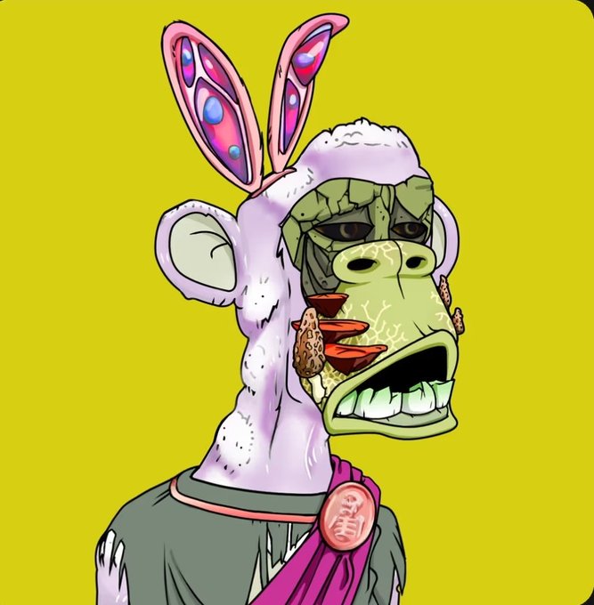 A cartoon illustration of a character wearing a pink bunny hood, with a grotesque green reptilian face featuring fungi growing on it, set against a bright yellow-green background.