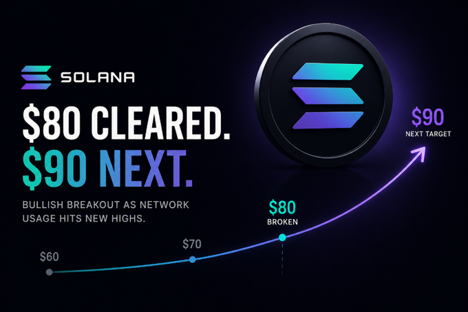A promotional graphic for SOLANA cryptocurrency announcing '$80 CLEARED. $90 NEXT.' with the tagline 'BULLISH BREAKOUT AS NETWORK USAGE HITS NEW HIGHS,' showing a rising line chart from $60 to $70 to $80 (broken) toward a $90 next target.