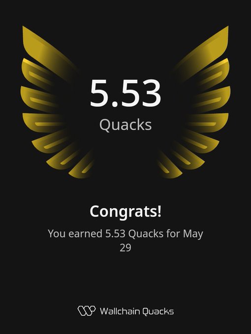 The image features a poster with an illustration of a bird's wing, which has gold and black colors. The text on the poster congratulates users for earning 5.53 Quacks from May 29th through June 30th. The poster also includes a link to a website called "wallchainQuacks", where users can find more information about the campaign or even sign up if they are interested in participating.