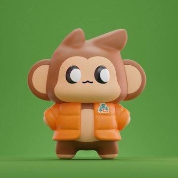 A 3D-rendered cartoon monkey character wearing an orange puffer jacket with a small badge on the chest, standing against a solid green background.