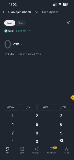 A Binance P2P trading screen in Vietnamese showing a USDT buy transaction with a 4.38% APR rate, displaying an exchange rate of 1 USDT = 26,535 VND.