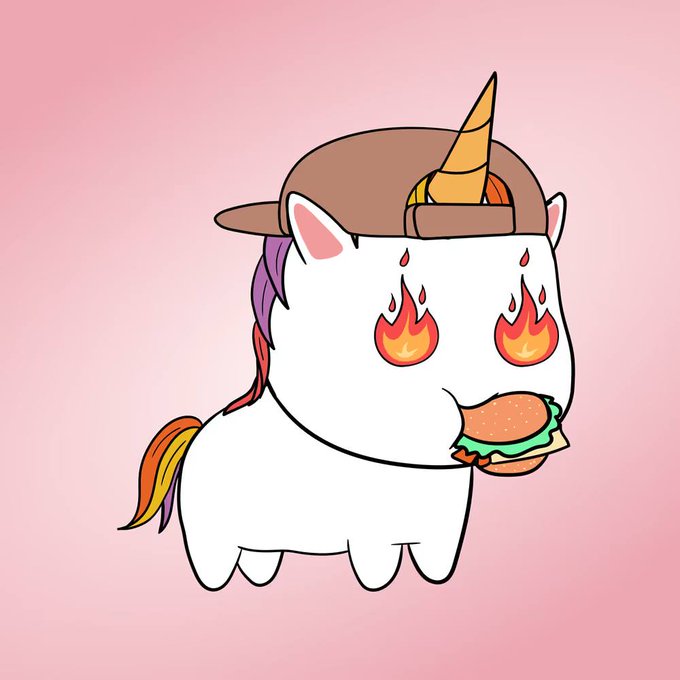 A cartoon illustration of a white unicorn wearing a brown cap with a hamburger, featuring flame-shaped eyes and a rainbow mane and tail, set against a pink background.