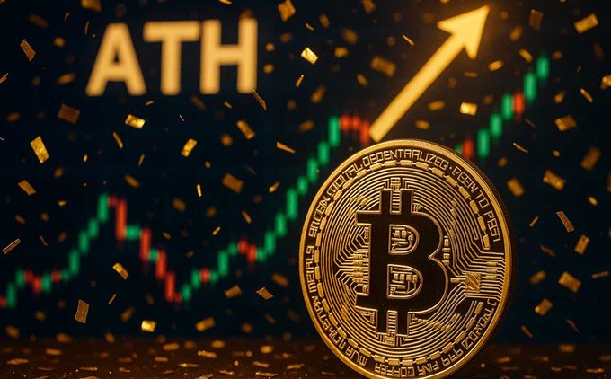 A golden Bitcoin coin sits prominently against a backdrop of a green and red candlestick chart trending upward toward "ATH" (All-Time High), symbolizing Bitcoin's recent surge past $65,000 amid market anticipation of U.S. CPI inflation data and corporate moves like Strategy's sale of 1,690 BTC.