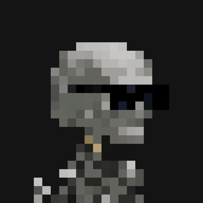 A low-resolution pixel art rendering of what appears to be a skeletal or mechanical figure with a rounded head against a black background.