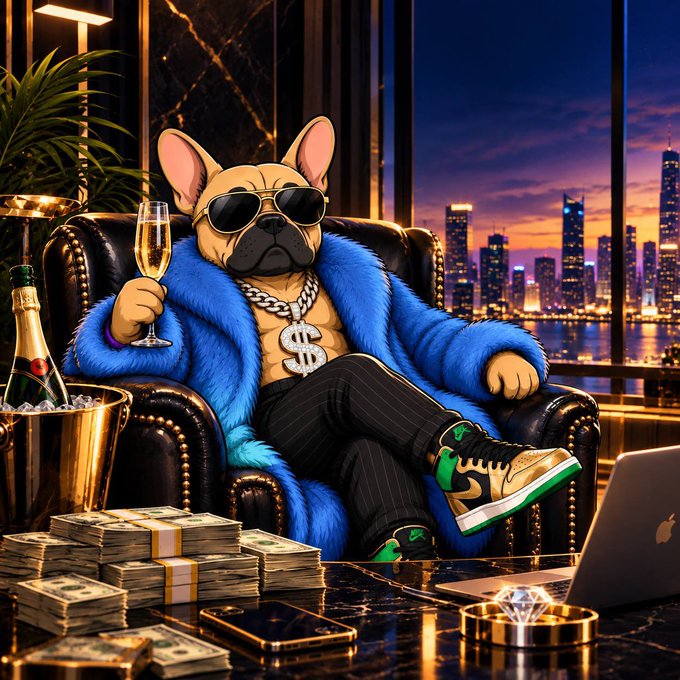 An AI-generated image of a French Bulldog dressed in a blue fur coat, sunglasses, and gold chains, sitting in a luxurious chair with stacks of money, champagne, and sneakers.