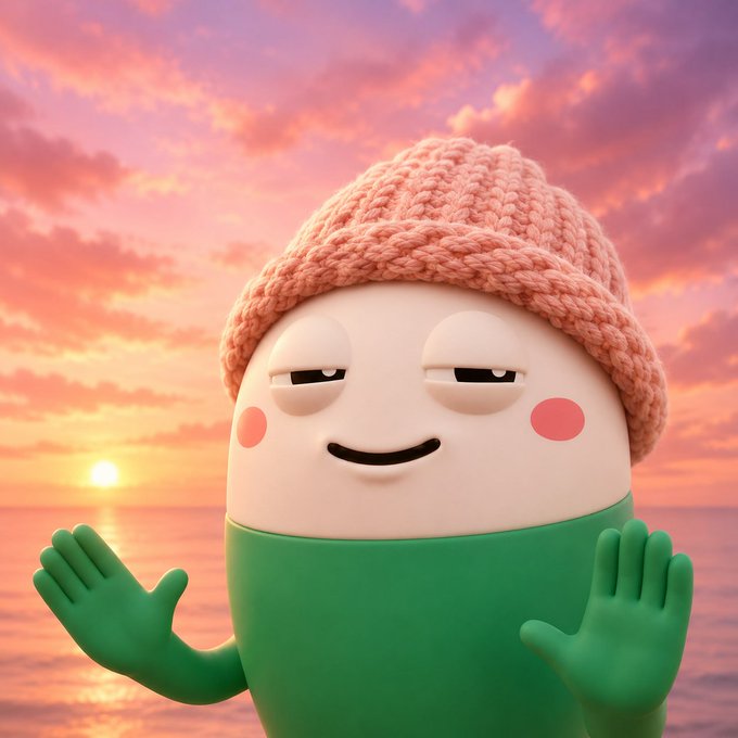 A 3D-rendered cartoon character with a pink knitted hat, rosy cheeks, and a green body waving against a pink and orange sunset background.