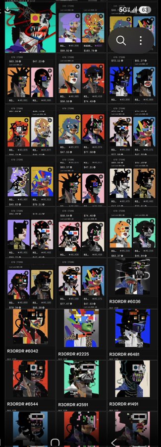 A screenshot of a phone screen displaying an extensive list of artwork, including various colored drawings like cartoon characters, masks with different shapes and sizes, and other artistic pieces such as photographs or illustrations. The app's name displayed at the top indicates that it might be an art gallery showcasing digital artworks to viewers. Some pieces are grouped together in specific categories, while others are more individualistic. There is a significant amount of text on the screen providing information about each piece, including descriptions and possibly details about their creator or artists.