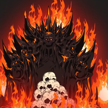 A dark illustration featuring a demonic figure with skulls and flames, with a pile of white skulls in the foreground.