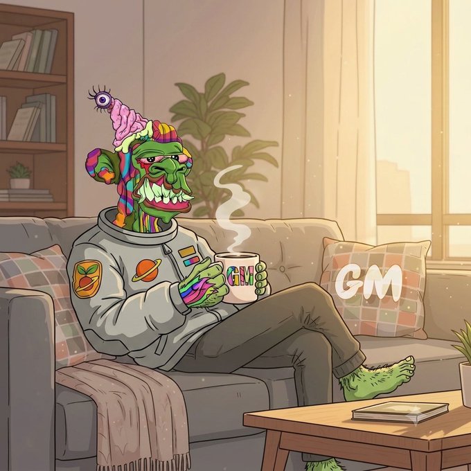 A green-skinned character wearing an astronaut hoodie and colorful brain hat relaxes on a couch holding a steaming mug labeled "GM," perfectly matching the cheerful "GM & TGIF frens" vibe. The "GM" on the pillow and mug reinforces the crypto community greeting, capturing a cozy Friday morning mood.