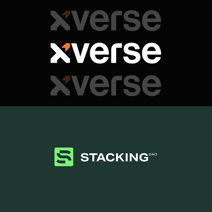 The image shows the Xverse logo displayed in three color variations (dark gray, white, and gray) on a black background, along with the StackingDAO logo on a dark green background. These logos represent platforms highlighted in the post for their near-full Bitcoin staking capacity—Xverse's Bitcoin Staking Bond at 99% filled and StackingDAO's Liquid BTC staking at 98% allocated—illustrating the high demand for Bitcoin capital markets on Stacks.